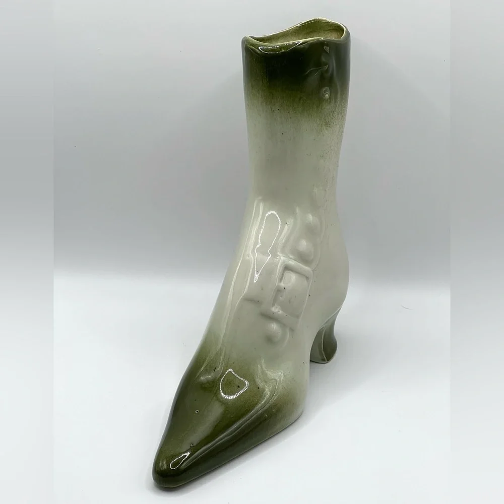 Victorian Style Ceramic Boot Green/White Planter Pottery Decorative Vase 7.5